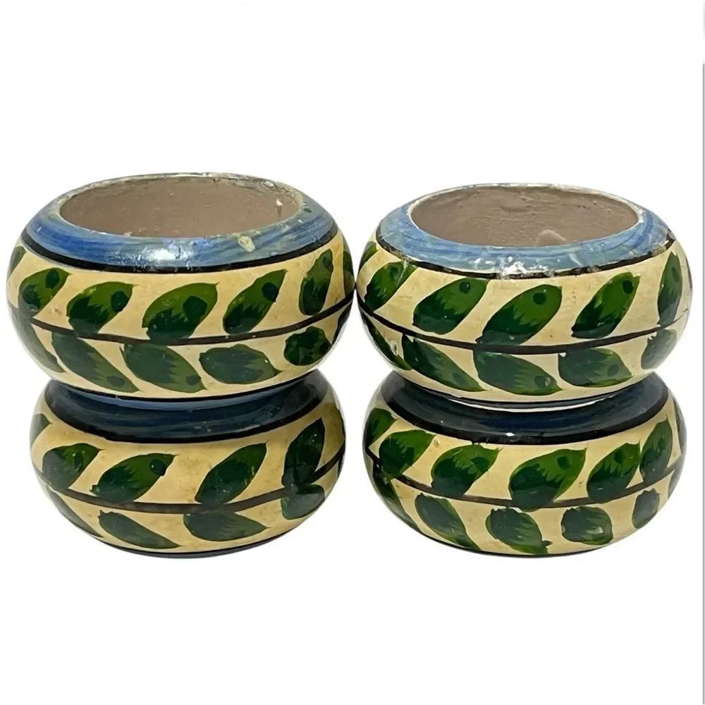 Hand Painted Green Leaf Vine Napkin Rings Multicolor Shabby Chic Cottage 4 Set